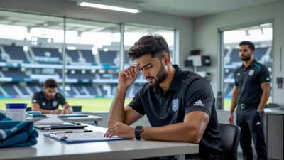 Médico deportivo evaluando a atleta con conmoción cerebral en sala médica del estadio