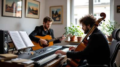 Musicien et conseiller en patrimoine examinant des documents de succession dans un studio à Montréal