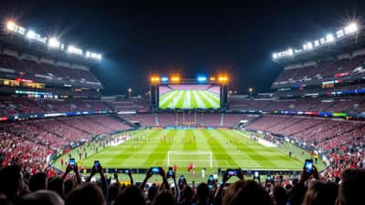 Fullsatt fotbollsarena på kvällen under halvtidsshow med scenljus och högtalartorn på VM-finalen 2026