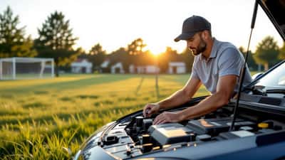 Automobilist controleert motorolie bij open motorkap op zonnig parkeerterrein naast voetbalveld