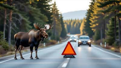 Elg i veibanen på E6 i Norge ved daggry med varseltrekant i bakgrunnen