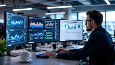IT-Sicherheitsanalyst in Security Operations Center mit SIEM-Dashboards auf mehreren Monitoren