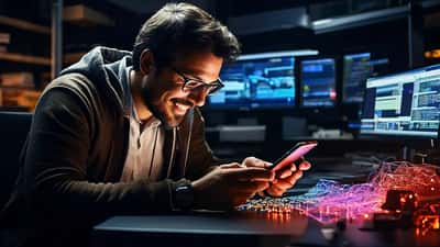Spécialiste informatique analysant la sécurité d'un iPhone sur un bureau avec documents de confidentialité