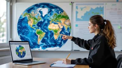 Vergleich der Equal Earth Projection und der Mercator-Projektion auf zwei Weltkarten im Klassenzimmer