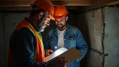 Home inspector examining foundation and seismic retrofit bracing in a crawl space in Vancouver