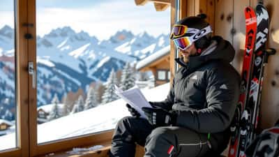 Skieur alpin en veste de ski et genouillère dans un chalet suisse, révisant des documents financiers, sommets enneigés en arrière-plan