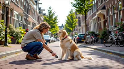 Golden labrador hijgt op heet asfalt tijdens hittegolf, eigenaar controleert pootjes