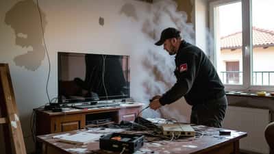Technicien inspectant un téléviseur et un ordinateur portable couverts de suie après un incendie près de Mérignac