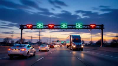 Cabina de peaje del Illinois Tollway con tráfico y un camión al atardecer cerca de Chicago