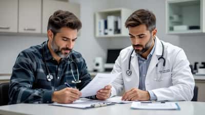 Homem analisando resultado de exame de sangue com colesterol elevado em consultório cardiológico em São Paulo