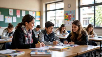 Professora a ajudar dois alunos de idades diferentes numa sala de aula portuguesa, representando a fusão dos ciclos do ensino básico