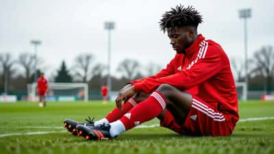 Young footballer sitting alone on training pitch, head bowed, teammates blurred in background, overcast English sky