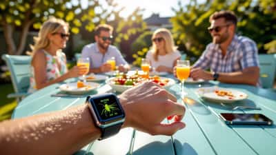 Man's wrist wearing a smartwatch showing a live cricket score at a British summer garden barbecue
