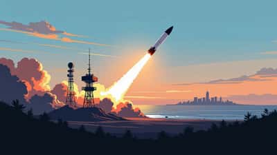 Ballistic missile test launch over coastal horizon at dawn