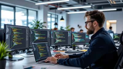 Especialista en tecnología de la información revisando la integración de un modelo de IA anónimo en pantalla de laptop en oficina