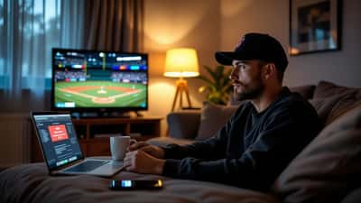 Australian baseball fan watching an MLB game on a laptop late at night in a living room
