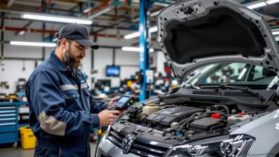 Mécanicien diagnostiquant un moteur de voiture avec un scanner OBD-II dans un garage automobile en Suisse