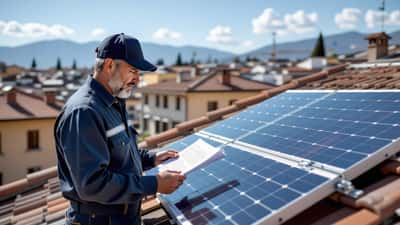 Uomo che esamina l'installazione di pannelli fotovoltaici sul tetto di un condominio a Torino