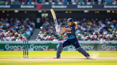England Women batter plays an attacking shot against India Women in the T20I 2026 series under stadium lights