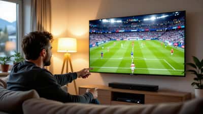 Salon suisse avec grand téléviseur mural diffusant un match de football, barre de son et installation home cinéma