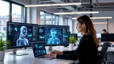 Kvinna framför datorskärm med AI-avatar digital identitet Stockholm 2026