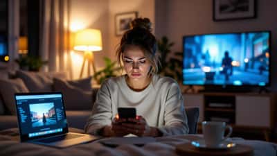 Femme méfiante regardant un SMS d'arnaque TF1+ sur son smartphone le soir