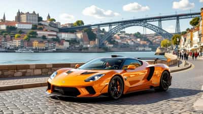Supercarro português Adamastor Furia nas ruas do Porto com ponte Dom Luís I ao fundo