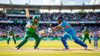 Joueurs de cricket Irlande et Inde s'affrontent sous un soleil éclatant dans un stade plein en 2026