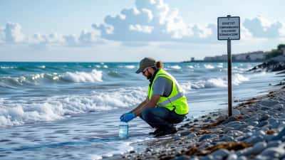 Tecnico ambientale che preleva campioni d'acqua dal mare Adriatico dopo un temporale estivo ad Ancona, con cartello di divieto di balneazione sullo sfondo