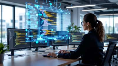 Software consultant reviewing AI-generated code on screens in a modern office