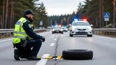 Polisman kontrollerar däckdjup på bil vid trafikkontroll på svensk landsväg 2026