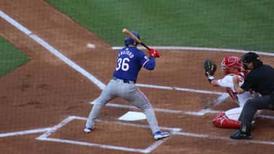 Wyatt Langford of the Texas Rangers batting at Angel Stadium in a 2024 MLB game, CC BY-SA 4.0 Sewageboy