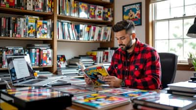 Coleccionista Latino examinando cómics certificados CGC con laptop mostrando precios de mercado en casa