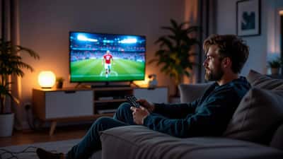 Man justerar TV-inställningar i mörkt rum för att streama Sverige–Japan VM 2026 klockan 01:00