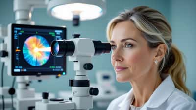 Ophtalmologue examinant les yeux d'une patiente lors d'un examen de la rétine en clinique