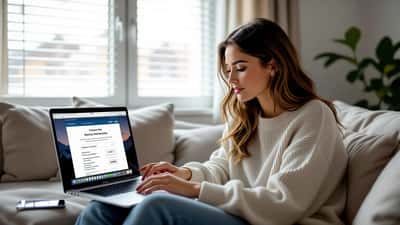 US woman looking at VillaTV subscription page on laptop showing pound sterling pricing with credit card beside her, morning light