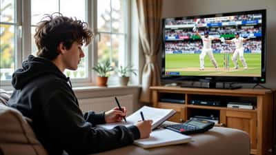 Teenage student calculating cricket run rates with a notebook as an England vs India ODI scoreboard shows on TV