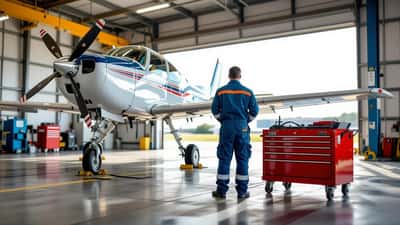 Mécanicien aéronautique inspectant le train d'atterrissage d'un avion dans un hangar