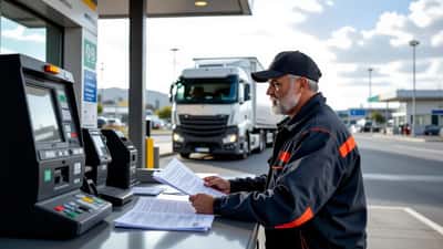 Motorista de caminhão em Portugal a verificar documentos numa estação de serviço com camião pesado ao fundo
