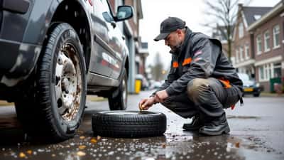 Monteur controleert bandenprofiel van een auto op nat wegdek in de regen