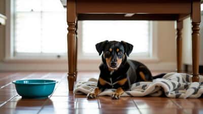 Frightened kelpie dog hiding under a kitchen table in a Dubbo home after an earthquake