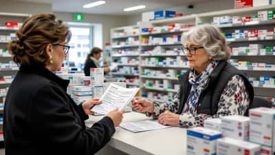 Femme âgée consultant un pharmacien pour ses anticoagulants AVK et son bilan INR