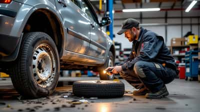 Kfz-Mechaniker prüft in einer Werkstatt Reifen und Alufelge eines Autos auf Schäden