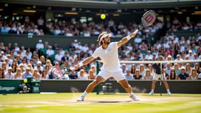 Young professional tennis player serving on a grass court during a Wimbledon-style match in 2026