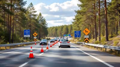 Svensk väg E4 under sommarunderhåll med trafik och vägarbetsskyltar