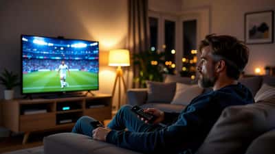 Person ser VM 2026 på smart-TV nattetid med streaming-app på skärmen