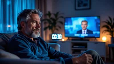 Mann schaut Markus Lanz spät nachts auf Smart TV in dunklem deutschen Wohnzimmer