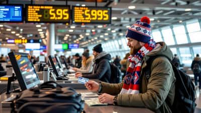 Fotballsupporter veksler dollar med bankkort ved en valutaskranke på flyplassen