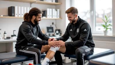 Sportsfysioterapeut undersøger fodboldspillers knæ i klinik