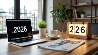 Scrivania con laptop, giornali e calendario 2026 per la rassegna stampa settimanale su consulenza e professionisti